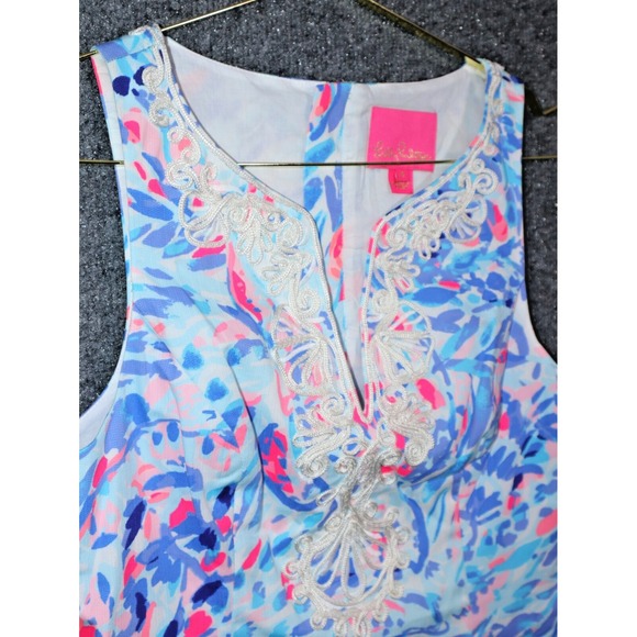 Lilly Pulitzer Gabby Dress Women 4 Blue Party Wave Breakwater Print Shift EUC - Picture 2 of 6